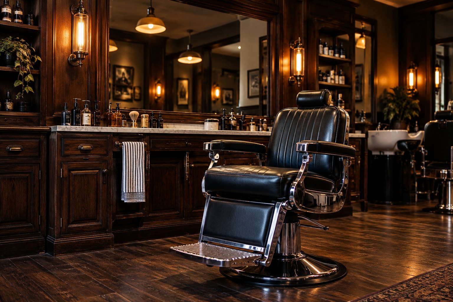 A black leather chair in a warmly lit barbershop