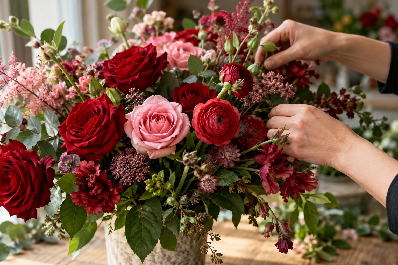 Pink and red flowers being arranged by hand