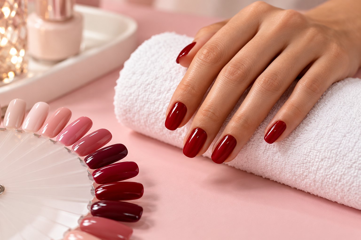 A glossy red manicure beside nail color swatches