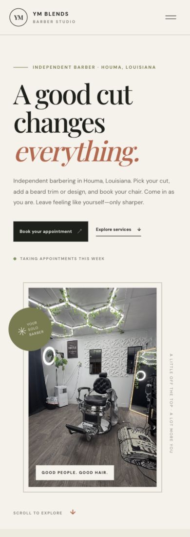 Mobile screenshot of the live YM Blends website